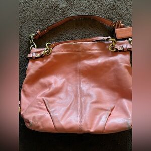Coach Coral Pink Leather Shoulder Bag with Brass Hardware